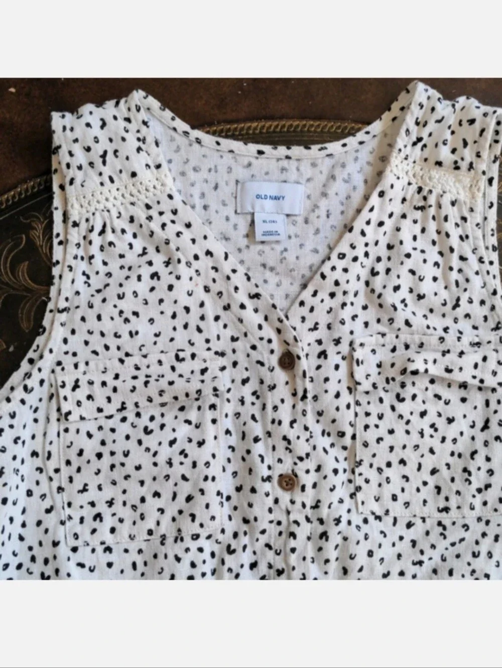 Old Navy Linen Blend Romper Size Girl's XL (14) White & Black Leopard Print EUC